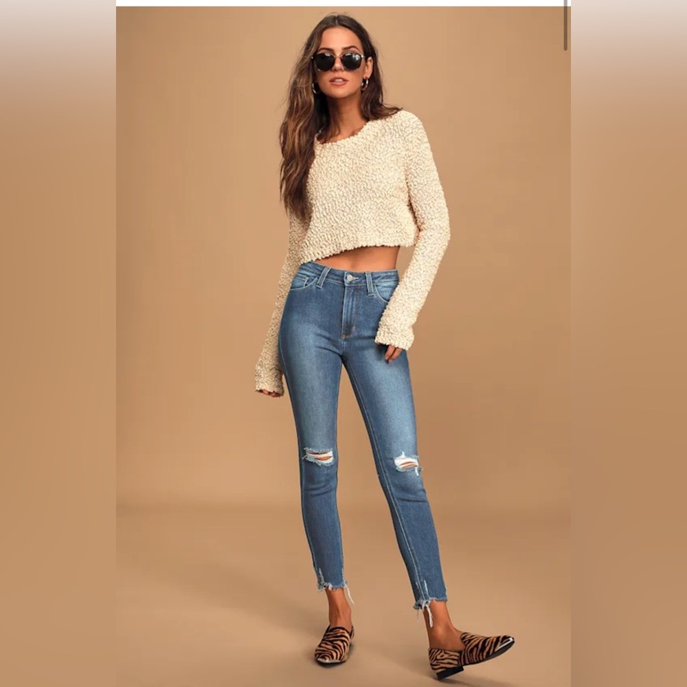 Medium Wash High Rise Distressed Skinny Jeans